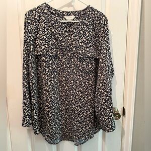 Cj Banks Blouse Blue Cream Pockets long sleeves Size 1X